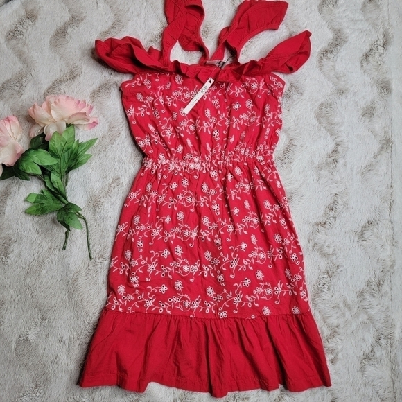 Asos Cotton Red White Eyelet Embroidered Ruffle Bottom New Dress Size 00 - Picture 2 of 13